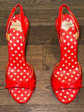 Christian Lacroix Patent Red Leather Bow Accents Slingback Heels